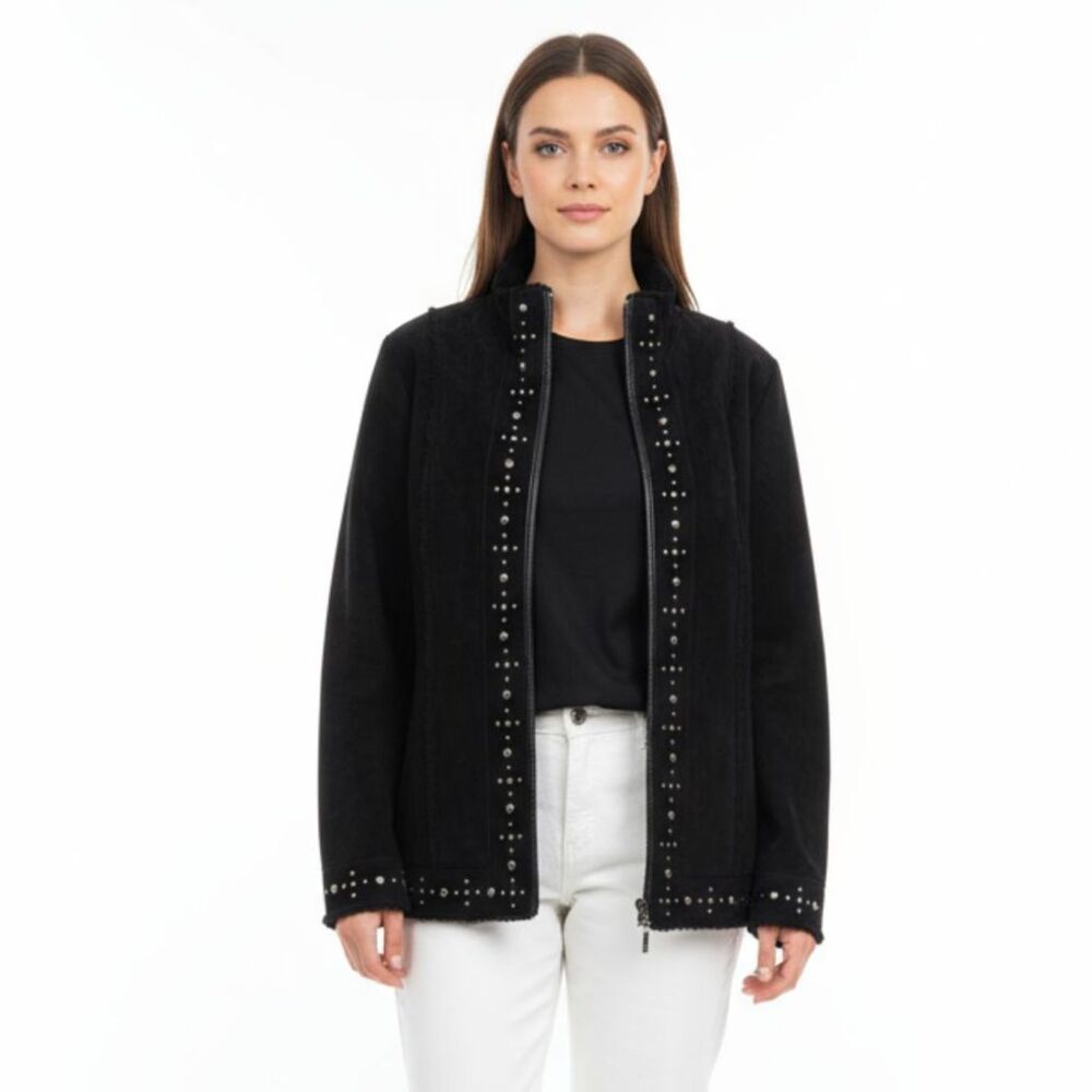 Dennis Basso Women's Black Suede Shearling Zip Up Winter Coat L